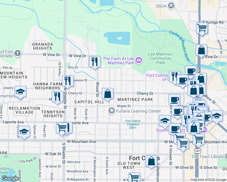map of restaurants, bars, coffee shops, grocery stores, and more near 715 Sycamore Street in Fort Collins