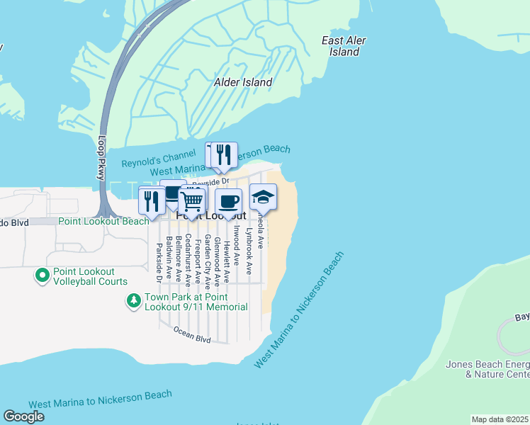 map of restaurants, bars, coffee shops, grocery stores, and more near 23 Mineola Avenue in Point Lookout