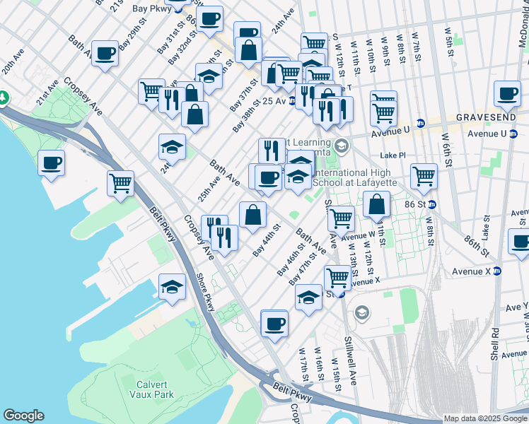 map of restaurants, bars, coffee shops, grocery stores, and more near 150 Bay 43rd Street in Brooklyn