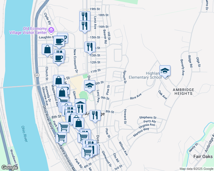 map of restaurants, bars, coffee shops, grocery stores, and more near 1004 Beaver Road in Ambridge
