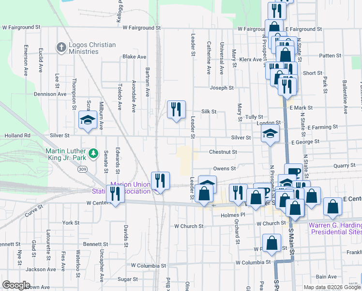 map of restaurants, bars, coffee shops, grocery stores, and more near 469 Silver Street in Marion