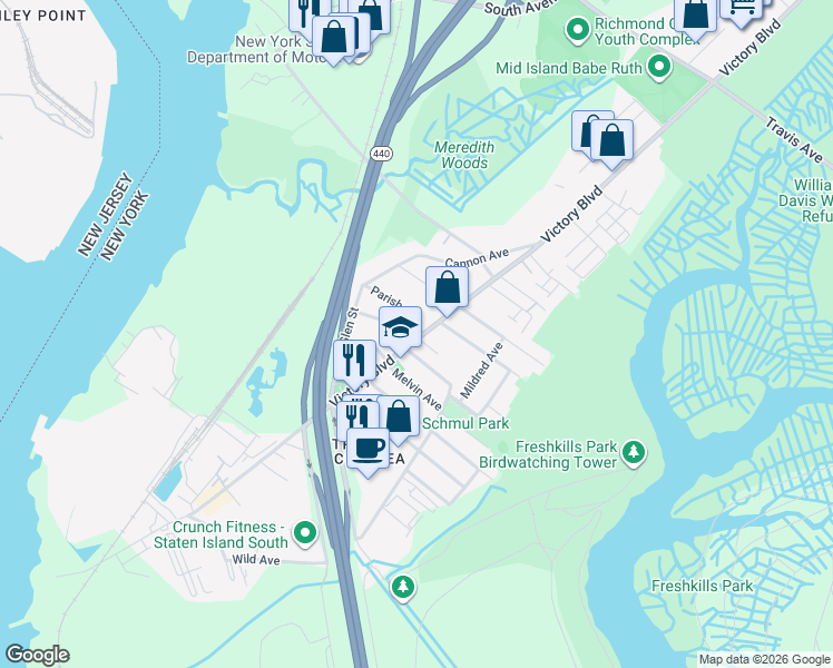 map of restaurants, bars, coffee shops, grocery stores, and more near 4065 Victory Boulevard in Staten Island