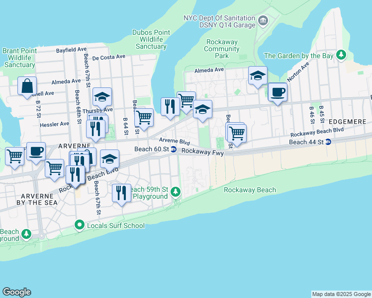 map of restaurants, bars, coffee shops, grocery stores, and more near Rockaway Freeway in Queens