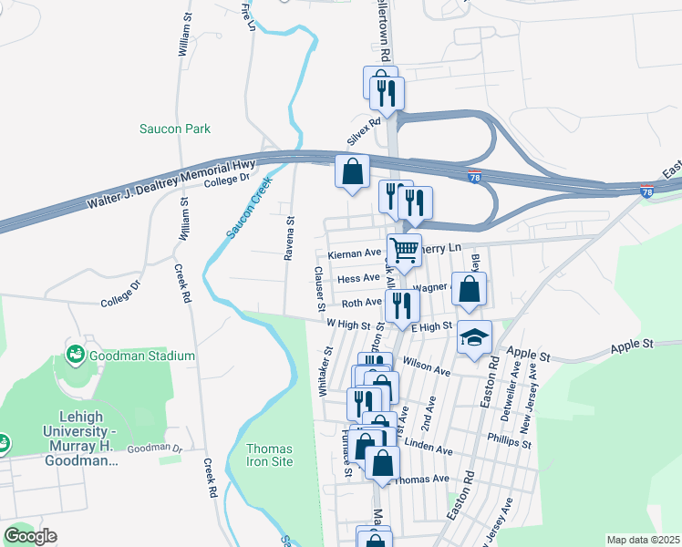 map of restaurants, bars, coffee shops, grocery stores, and more near 83 Hess Avenue in Hellertown