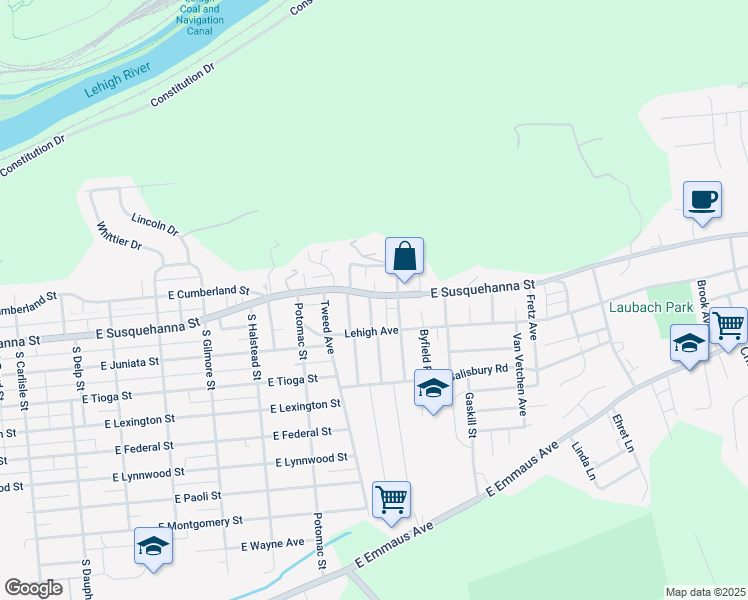 map of restaurants, bars, coffee shops, grocery stores, and more near 1207 Marlow Street in Allentown