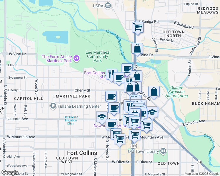 map of restaurants, bars, coffee shops, grocery stores, and more near 415 Mason Court in Fort Collins