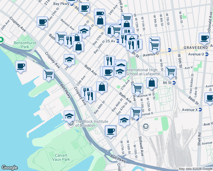 map of restaurants, bars, coffee shops, grocery stores, and more near 150 Bay 43rd Street in Brooklyn