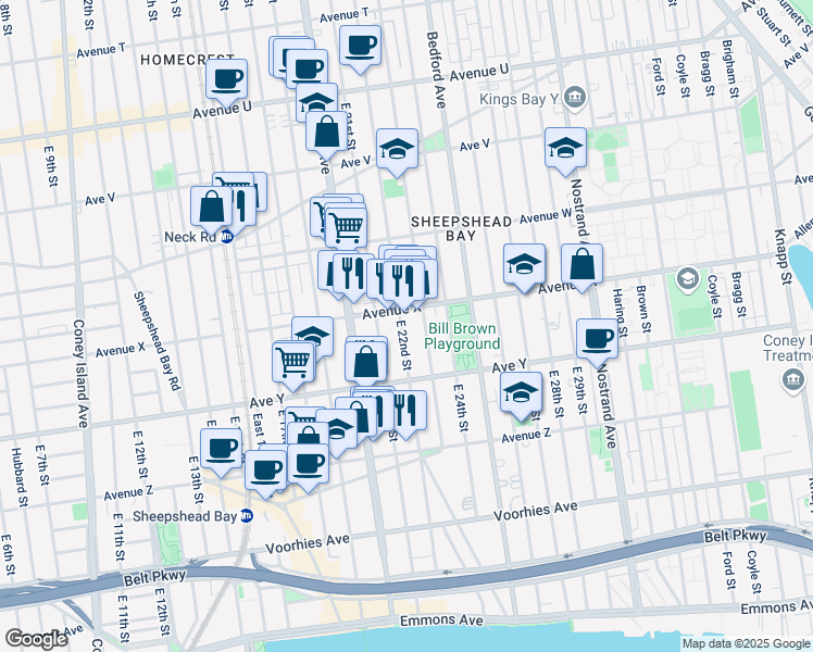 map of restaurants, bars, coffee shops, grocery stores, and more near 2419 East 22nd Street in Brooklyn
