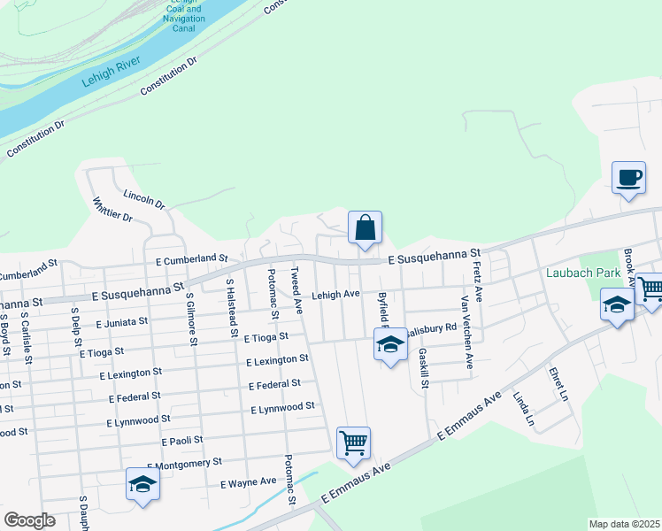 map of restaurants, bars, coffee shops, grocery stores, and more near 1018 East Susquehanna Street in Allentown