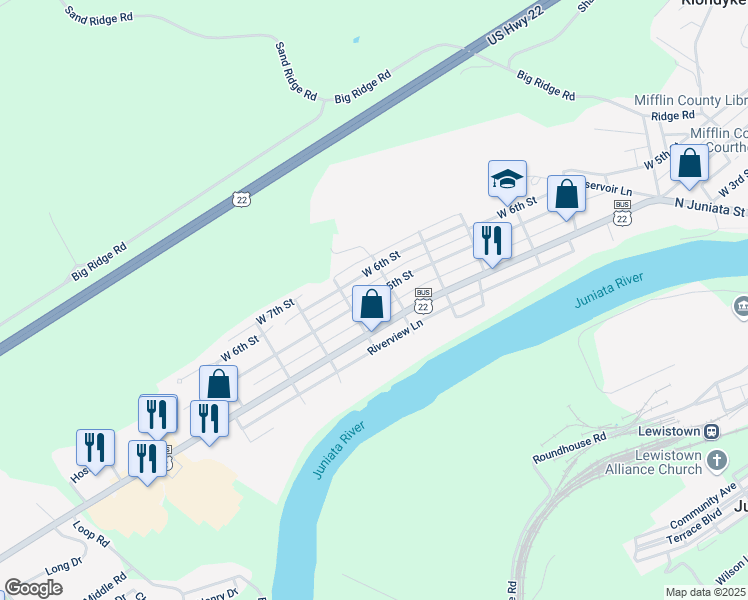map of restaurants, bars, coffee shops, grocery stores, and more near 814 West 5th Street in Lewistown