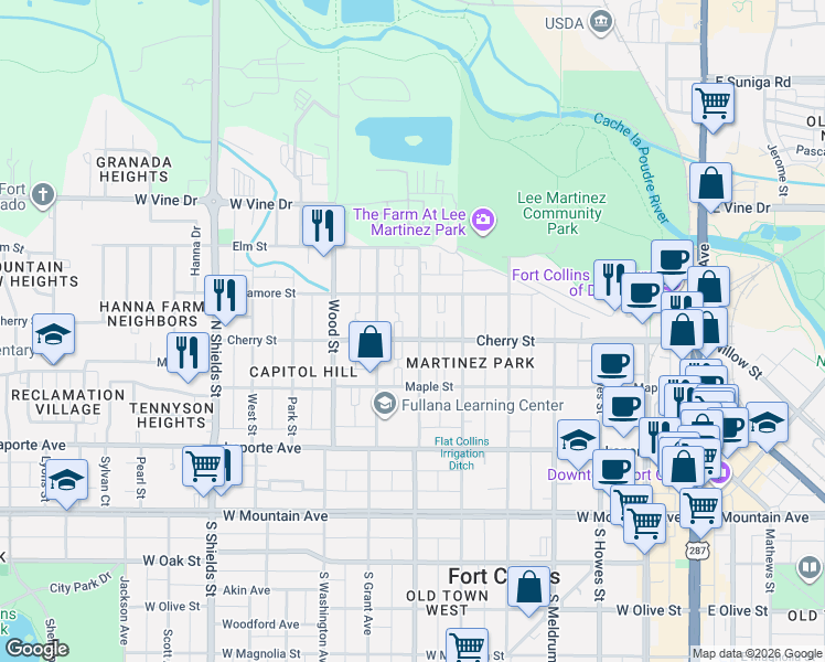 map of restaurants, bars, coffee shops, grocery stores, and more near 405 North Loomis Avenue in Fort Collins