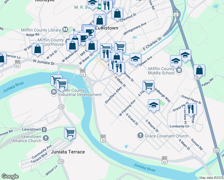 map of restaurants, bars, coffee shops, grocery stores, and more near 300-398 S Wayne St in Lewistown