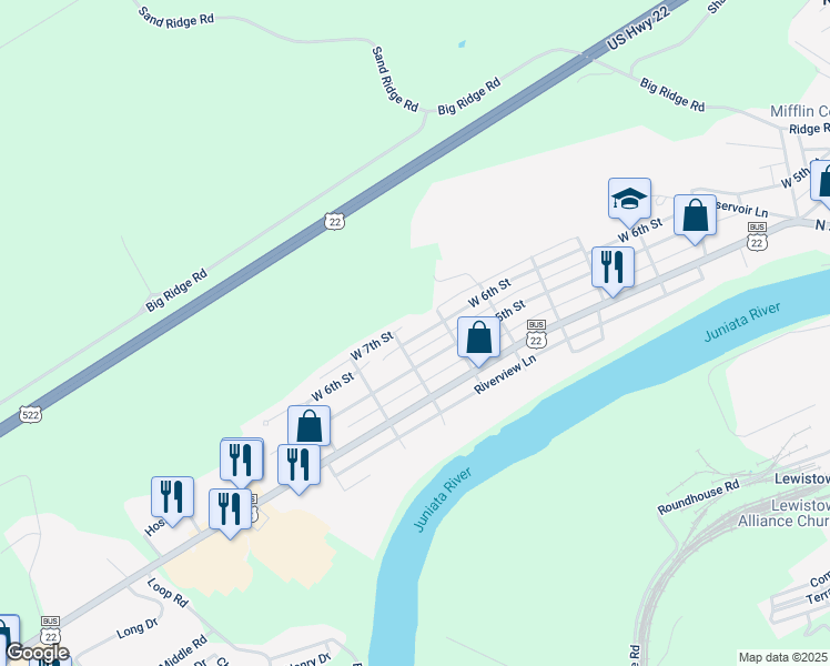 map of restaurants, bars, coffee shops, grocery stores, and more near 919 West 6th Street in Lewistown