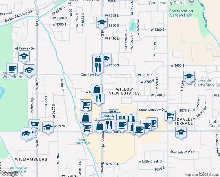 map of restaurants, bars, coffee shops, grocery stores, and more near 1652 West 8740 South in West Jordan