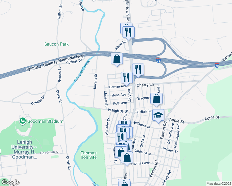 map of restaurants, bars, coffee shops, grocery stores, and more near 65 Hess Avenue in Hellertown