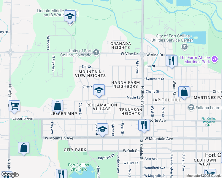 map of restaurants, bars, coffee shops, grocery stores, and more near 401 Franklin Street in Fort Collins