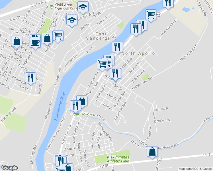 map of restaurants, bars, coffee shops, grocery stores, and more near 1412 Leonard Avenue in Apollo