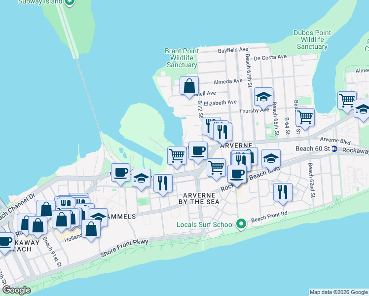 map of restaurants, bars, coffee shops, grocery stores, and more near Amstel Boulevard in Queens