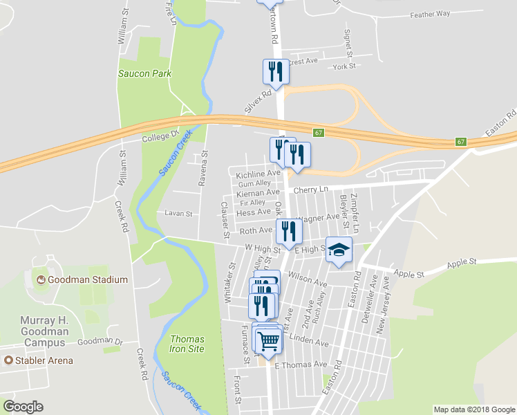 map of restaurants, bars, coffee shops, grocery stores, and more near 43 Hess Avenue in Hellertown