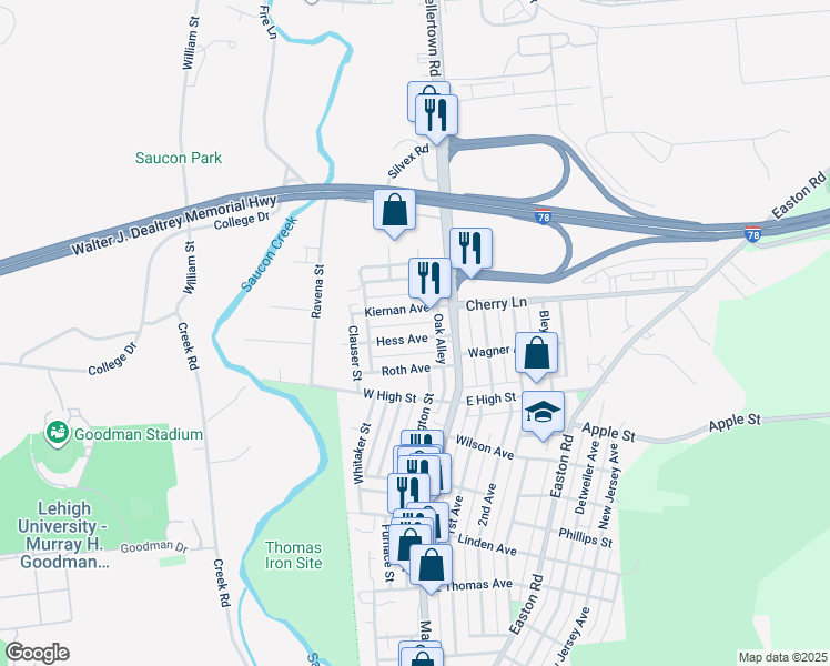 map of restaurants, bars, coffee shops, grocery stores, and more near 41 Hess Avenue in Hellertown