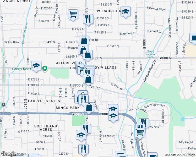 map of restaurants, bars, coffee shops, grocery stores, and more near 8722 Oak Park Circle in Sandy