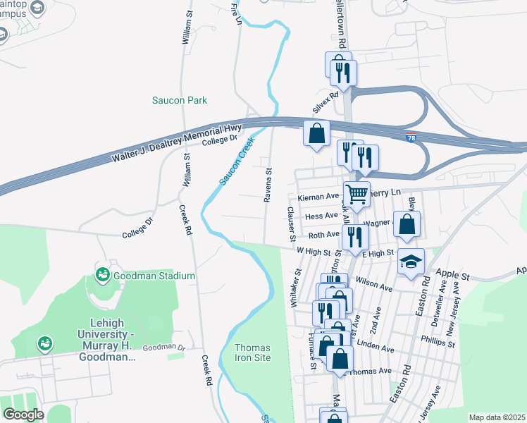 map of restaurants, bars, coffee shops, grocery stores, and more near 1534 Ravena Street in Bethlehem