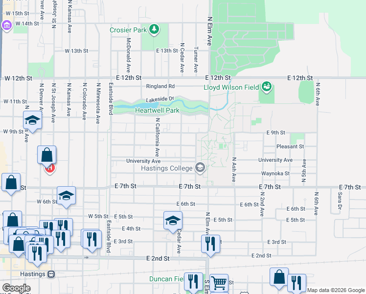 map of restaurants, bars, coffee shops, grocery stores, and more near 826-898 North Cedar Avenue in Hastings