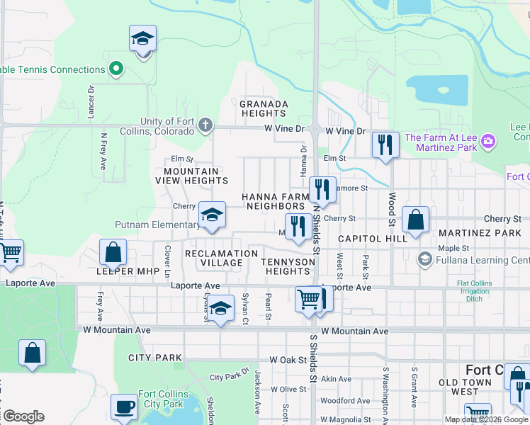 map of restaurants, bars, coffee shops, grocery stores, and more near 1229 Cherry Street in Fort Collins