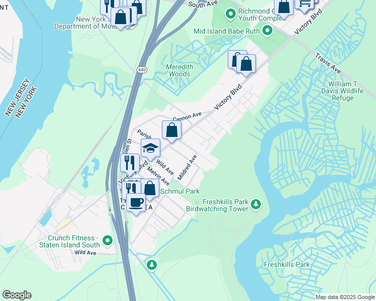 map of restaurants, bars, coffee shops, grocery stores, and more near 109 Burke Avenue in Staten Island