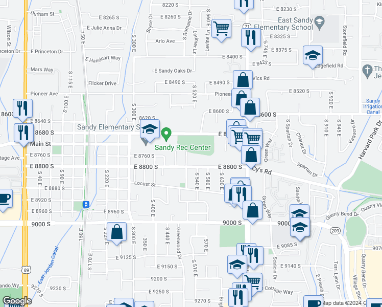 map of restaurants, bars, coffee shops, grocery stores, and more near 8749 South 500 East in Sandy