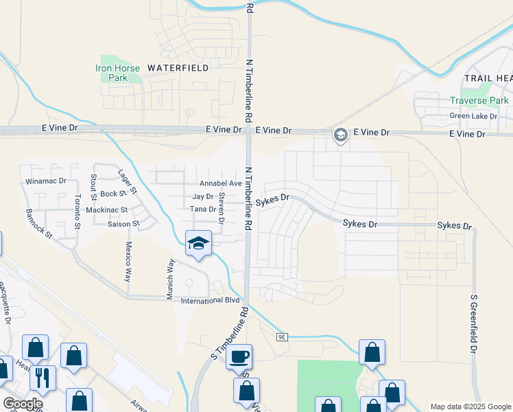 map of restaurants, bars, coffee shops, grocery stores, and more near 2650 Sykes Drive in Fort Collins