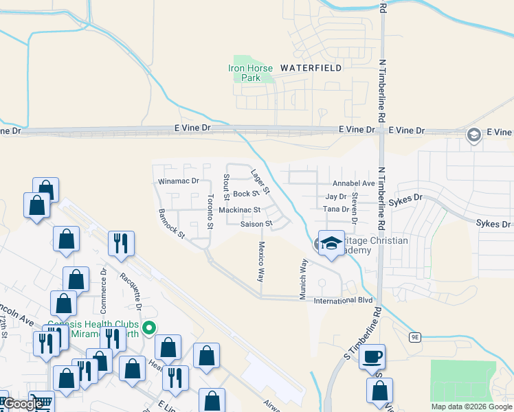 map of restaurants, bars, coffee shops, grocery stores, and more near 2145 Bock Street in Fort Collins
