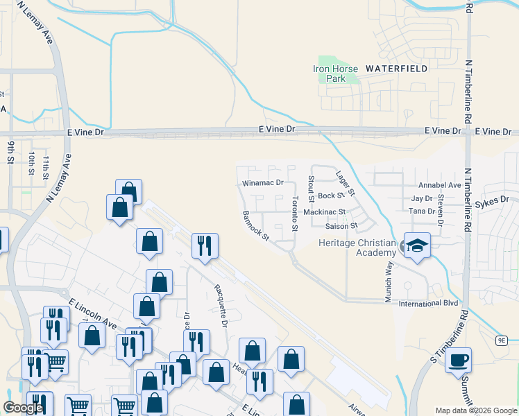 map of restaurants, bars, coffee shops, grocery stores, and more near 438 Hidden Pond Drive in Fort Collins