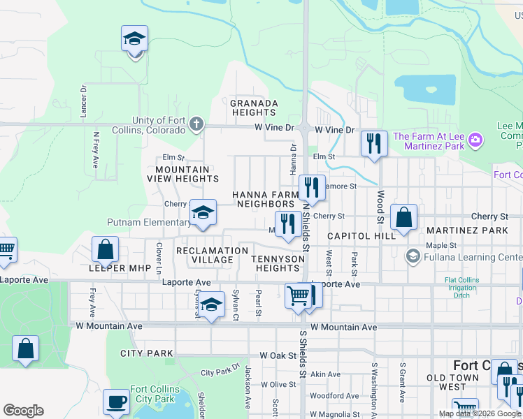 map of restaurants, bars, coffee shops, grocery stores, and more near 402 Tedmon Drive in Fort Collins