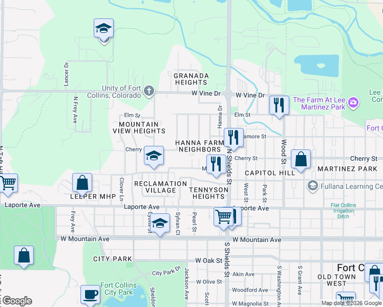 map of restaurants, bars, coffee shops, grocery stores, and more near 402 Tedmon Drive in Fort Collins