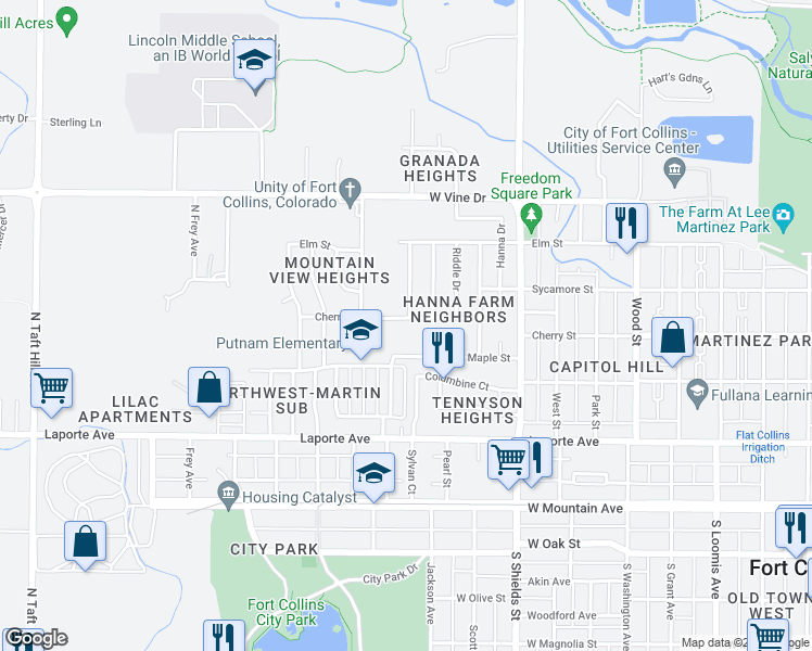 map of restaurants, bars, coffee shops, grocery stores, and more near 401 Franklin Street in Fort Collins