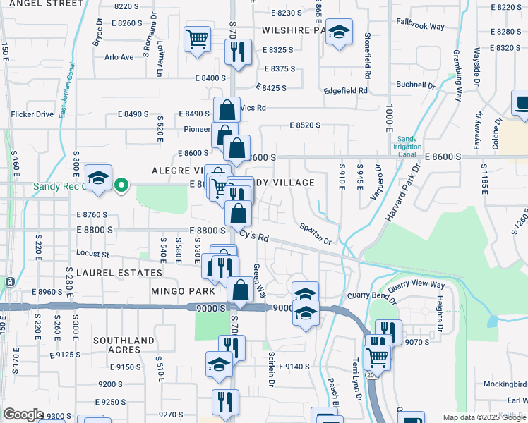 map of restaurants, bars, coffee shops, grocery stores, and more near in Sandy