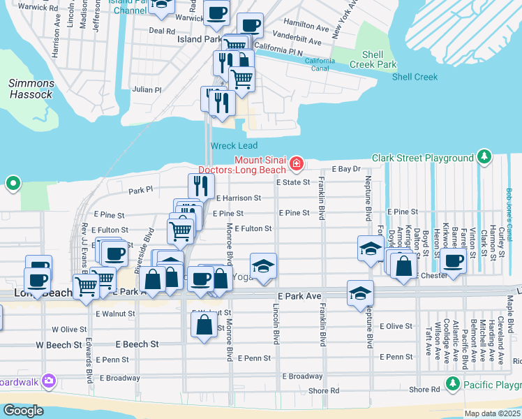 map of restaurants, bars, coffee shops, grocery stores, and more near 667 Lincoln Boulevard in Long Beach