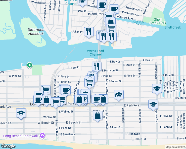 map of restaurants, bars, coffee shops, grocery stores, and more near in Long Beach