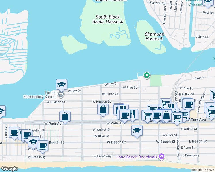 map of restaurants, bars, coffee shops, grocery stores, and more near 345 West Bay Drive in Long Beach