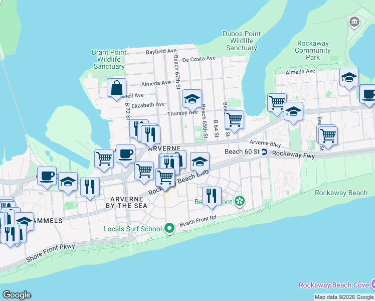 map of restaurants, bars, coffee shops, grocery stores, and more near 66-19 Beach Channel Drive in Queens