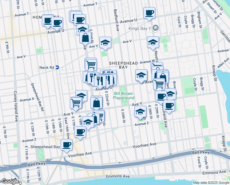 map of restaurants, bars, coffee shops, grocery stores, and more near 2401 East 23rd Street in Brooklyn