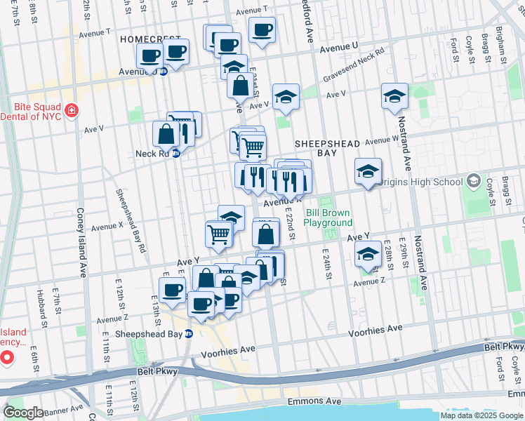 map of restaurants, bars, coffee shops, grocery stores, and more near 2810 Ocean Avenue in Brooklyn