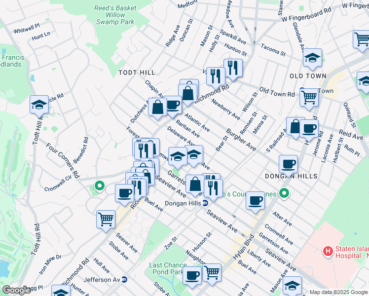 map of restaurants, bars, coffee shops, grocery stores, and more near 77 Delaware Avenue in Staten Island