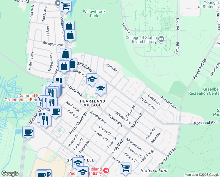 map of restaurants, bars, coffee shops, grocery stores, and more near 1167 Rockland Avenue in Staten Island