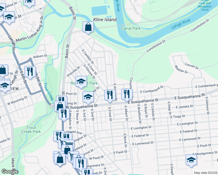 map of restaurants, bars, coffee shops, grocery stores, and more near 953 South Front Street in Allentown