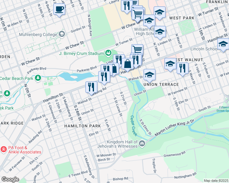 map of restaurants, bars, coffee shops, grocery stores, and more near 2122 Reading Road in Allentown