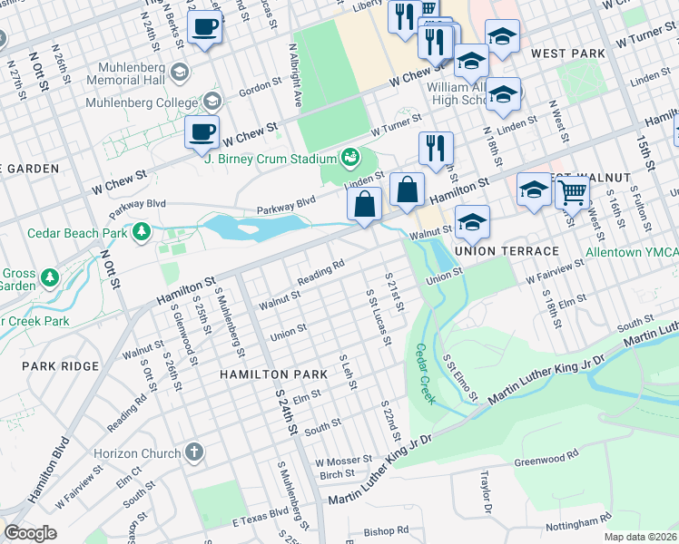 map of restaurants, bars, coffee shops, grocery stores, and more near in Allentown