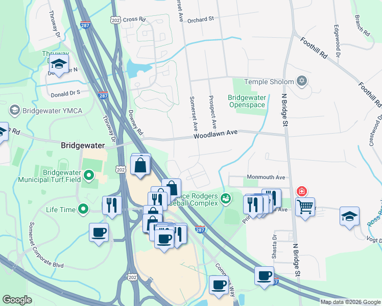 map of restaurants, bars, coffee shops, grocery stores, and more near 93 Woodlawn Avenue in Bridgewater Township