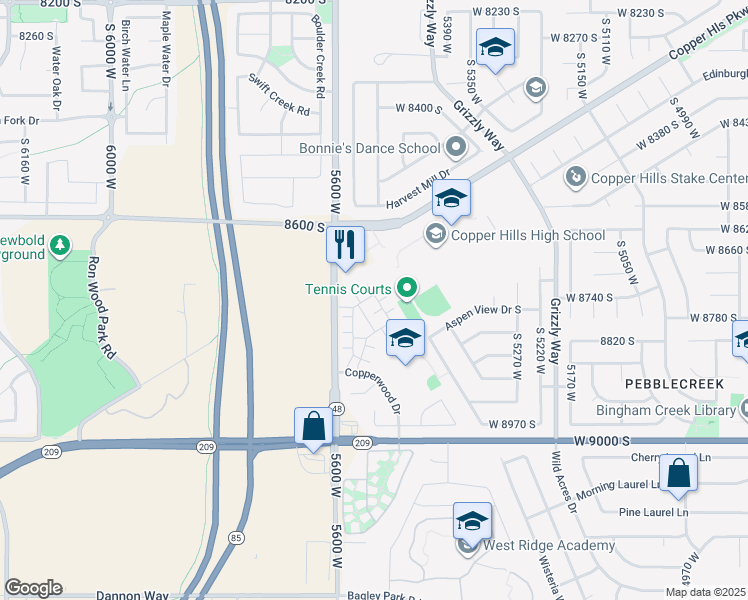 map of restaurants, bars, coffee shops, grocery stores, and more near 5527 Caliente Drive in West Jordan
